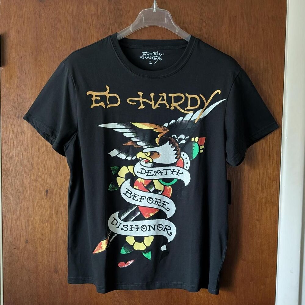 Ed Hardy Death Before Dishonor Tattoo Print Tee Men's size Large NEW!